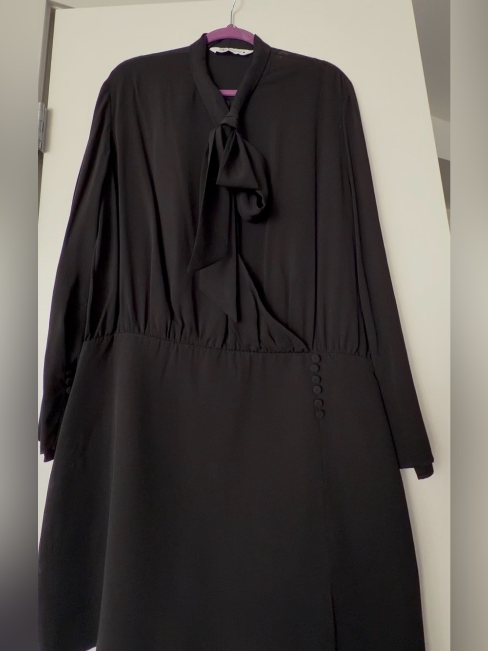 Zara Black Long-Sleeve Tie-Neck Dress